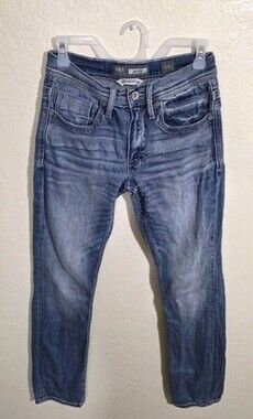 BKE Jeans Men 28L Blue Jake Straight Stretch Denim Whiskered Light Wash Buckle